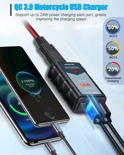 Vista 2 de EXTRACTME Cargador USB de motocicleta de 6.8 A, carga rápida 3.0 Dual USB Cargador de teléfono para motocicleta con voltímetro e interruptor