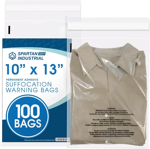 Spartan Industrial - Bolsas de polietileno transparente autosellantes de 10 x 13 pulgadas (100 unidades) con advertencia de asfixia para embalaje,