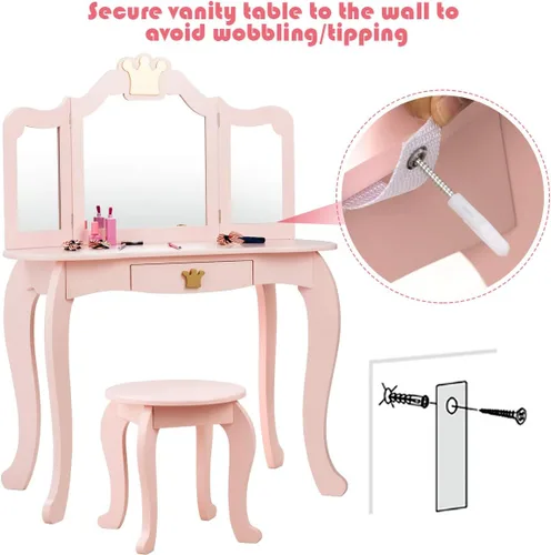 Vista 5 de KOTEK Juego de tocador para niños con espejo de tres pliegues, tocador de maquillaje de princesa con parte superior y cajón desmontables, juego