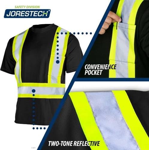 Vista 3 de JORESTECH Camiseta de trabajo de manga corta de seguridad con X reflectante en la espalda, cumple con CSA y ANSI