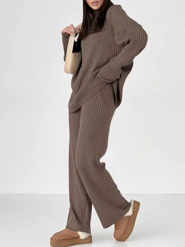Vista 4 de LILLUSORY Conjunto de 2 piezas para mujer, suéteres de cuello alto, conjunto de descanso y pantalones de pierna ancha, conjuntos de sudadera