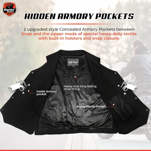 Vista 6 de Daniel - Chaleco de motociclista inteligente para hombre, diseño de cuello en V, chaleco de mezclilla negro con lateral liso y bolsillo