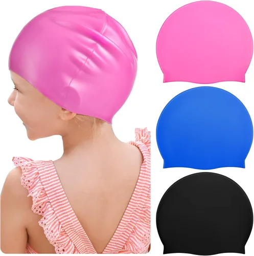 Zhanmai 3 Pieces Kids Swim Caps for Long Hair Silicone Swimming Cap for Girls Boys Kids Teens with Long Curly Hair Braids Dreadlocks Large