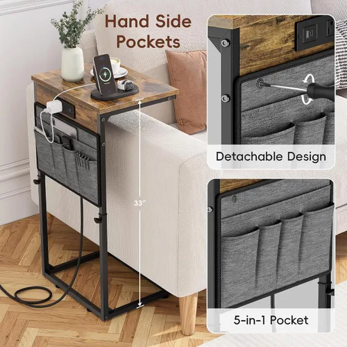 Vista 7 de Vagusicc - Mesa auxiliar en forma de C con estación de carga, mesa lateral de altura ajustable para sofá, mesa pequeña para sofá con laptop y 1PC