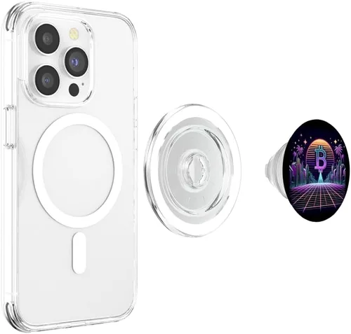 Vista 4 de Retro Crypto City - Synthwave Bitcoin Sunrise Art PopSockets MagSafe PopGrip for iPhone