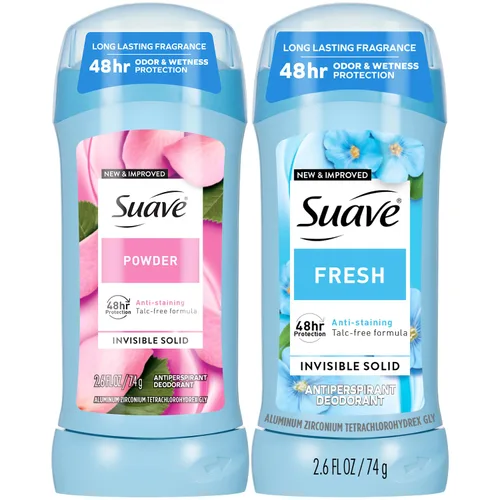 Suave Desodorante antitranspirante para mujer, variedad fresca y en polvo, paquete de 2 unidades, barras sólidas invisibles antimanchas, sin talco,