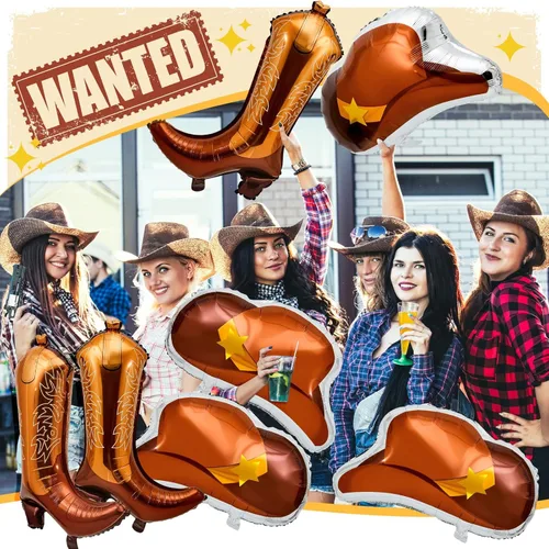 Vista 5 de Wettarn 8 globos de fiesta con temática occidental que incluyen botas de vaquera y sombrero de vaquera, globos de aluminio, decoraciones