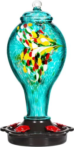 Vista 11 de LUJII Comederos de colibrí para exteriores, vidrio soplado a mano, nunca se decolora, 36 onzas líquidas, 5 estaciones de alimentación, mucho más