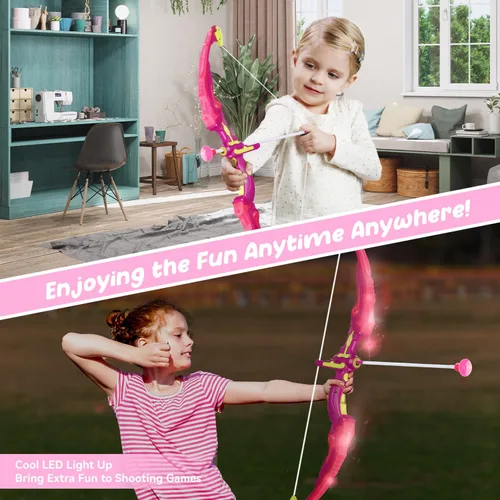 Vista 4 de Arco y flecha para niños, juego de tiro con arco con luz LED con capa de princesa y corona, 10 flechas de ventosa, objetivo y carcajes, juguete al