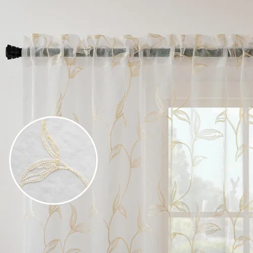 Vista 4 de VISIONTEX 2 paneles de cortinas traslúcidas de 63 in de largo, cortinas de gasa semitransparentes bordadas con hojas florales beige, bolsillo
