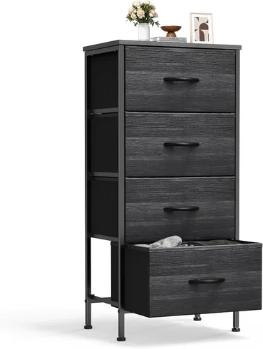 Vista 9 de Sweetcrispy Cómoda pequeña de 4 cajones de tela, mesita de noche con marco resistente superior de madera, armario de entrada, armario, dormitorio