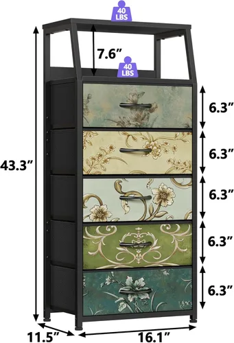 Vista 19 de Furnulem Cómoda negra con 5 cajones, cómoda de tela de torre de almacenamiento vertical para dormitorio, pasillo, entrada, guardería, organizador