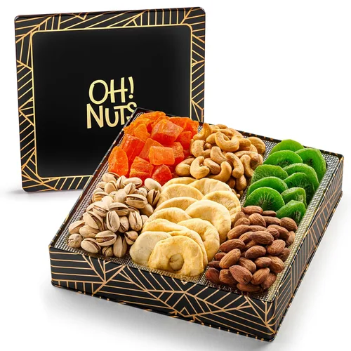 Vista 14 de Oh! Nuts Cesta de regalo de frutas secas en forma de corazón, 8 variedades tropicales gourmet, albaricoques, dátiles, ciruelas pasas, arándanos