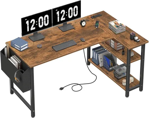 Vista 12 de Lufeiya - Escritorio en forma de L con tomas de corriente, estantes de 47 pulgadas, escritorio de esquina para oficina en casa o dormitorio