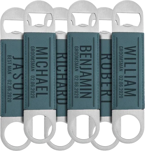 Vista 10 de Juego de 6 abrebotellas personalizados, diseño de cuero inoxidable, 10 diseños, marrón, despedida de soltero y regalo de boda