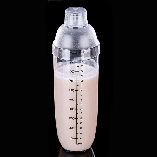 Vista 3 de FEOOWV Coctelera de plástico, mezclador de bebidas, agitador manual con taza y escalas, transparente (33 oz / 1000cc)