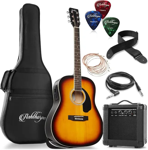 Vista 9 de Ashthorpe Paquete de guitarra eléctrica acústica Dreadnought de tamaño completo con amplificador de 10 W, color negro