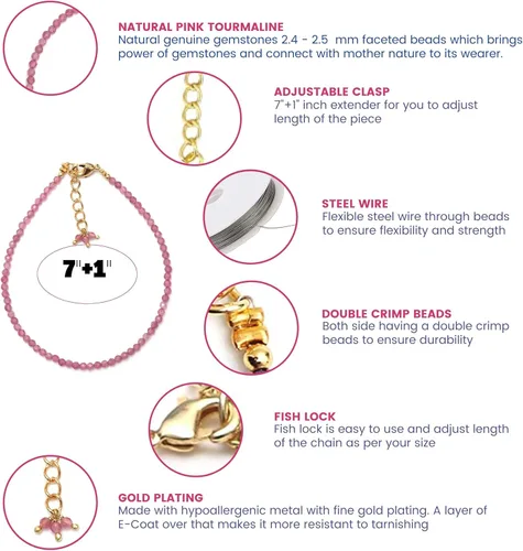 Vista 7 de Gempires - Pulsera de cuentas de turmalina rosa natural con piedra natal de octubre, hipoalergénica, 8 pulgadas, chapada en oro, hecha a mano