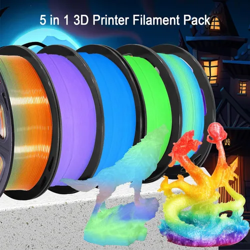 Vista 2 de Paquete de filamento PLA de 1.75 mm para impresora 3D: Brilla en verde oscuro/azul/púrpura/arco iris, un carrete transparente multicolor, cada