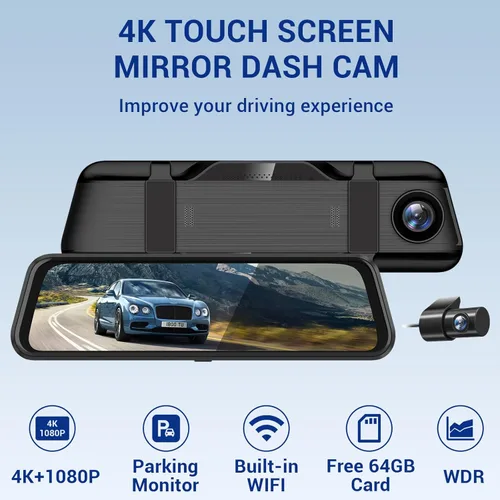 Vista 7 de Cámara de espejo retrovisor 4K, cámara de tablero de espejo de 10 pulgadas delantera y trasera con tarjeta de 64 GB, cámara de tablero de pantalla