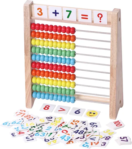 Ábaco educativo para niños matemáticas – Marco de madera de 10 filas con números 1 – 100 tarjetas – Enseña a contar, sumar y resta, aprendizaje