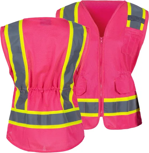 Vista 2 de FONIRRA Hi Vis - Chaleco de seguridad para mujer, reflectante, ANSI Clase 2, alta visibilidad, trabajo, construcción, manga corta