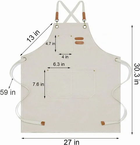 Vista 2 de Delantal para hombres y mujeres con bolsillos, lona de algodón, espalda cruzada, resistente, ajustable, delantal de trabajo Beige