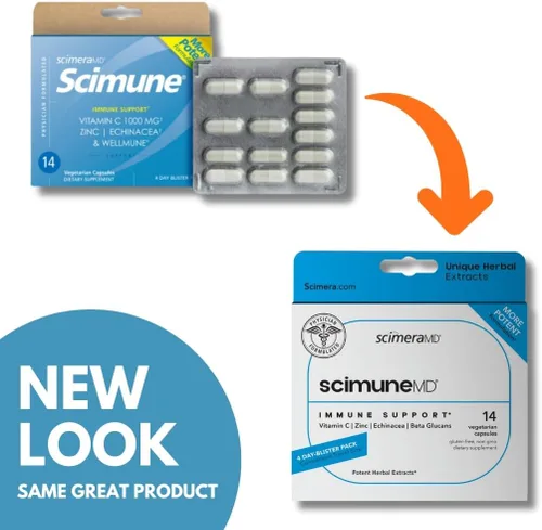 Vista 2 de ScimeraMD® Scimune Suplemento vitamínico de apoyo inmunológico con zinc, quercetina, vitamina C, equinácea y Wellmune®, 14 CT