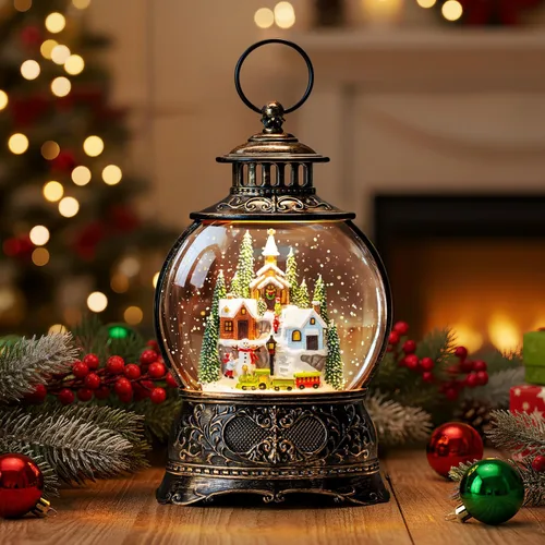 Vista 10 de Linterna de globo de nieve de Navidad con agua con escena de jengibre, funciona con batería o USB, luz musical iluminada, decoración festiva