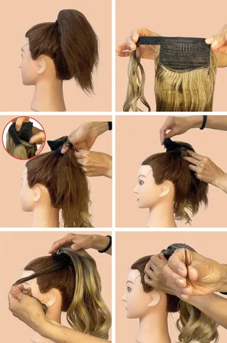 Vista 4 de PRETTYSHOP 16" Hairpiece Clip On Ponytail Extension Slight Wavy With Velcro Black Gray Mix HCK208