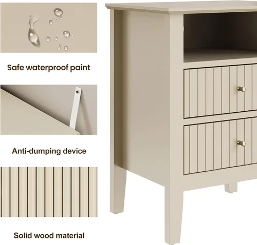 Vista 4 de RoyalCraft - Mesa auxiliar beige acanalada con 2 cajones, mesa auxiliar colorida para dormitorio, mesa auxiliar moderna de madera con almacenamiento