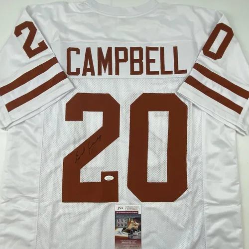 Vista 2 de Camiseta de fútbol americano universitario blanca de Texas de Earl Campbell con autógrafo/firmada JSA COA