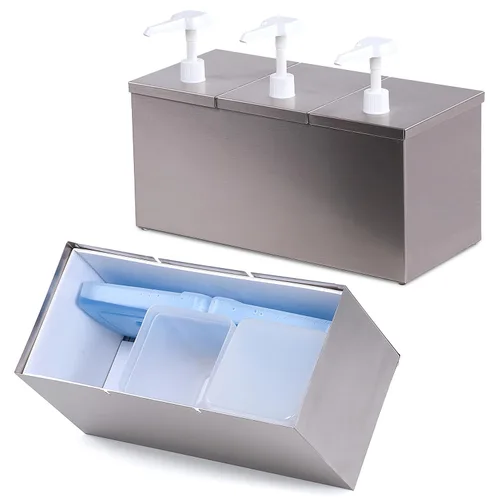 Vista 2 de Carlisle FoodService Products Centro de condimentos aislado con 3 bombas y bolsas de hielo para gasolineras, restaurantes y comida rápida, acero