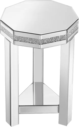 Vista 90 de HomVent Mesita de noche con espejo, mesa auxiliar con espejo, mesa de noche pequeña de cristal plateado para dormitorio, sala de estar