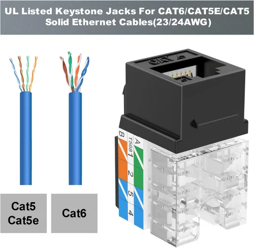 Vista 4 de VCE UL Listed Cat6 RJ45 Keystone Jack Insert 25-Pack, 90 Degree Punch Down Keystone Jack Adapter Slim Profile Negro