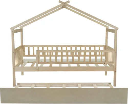 Vista 22 de Merax Cama de madera de tamaño individual con dos cajones, marco de cama de madera con techo para niños, adolescentes, niños o niñas, gris