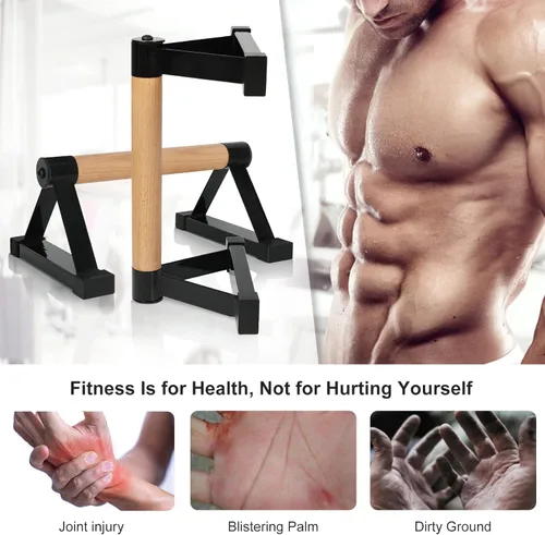 Vista 4 de Barras de flexiones de madera, barras paraletas, barras antideslizantes para parada de manos para calistenia, fitness, entrenamientos de piso