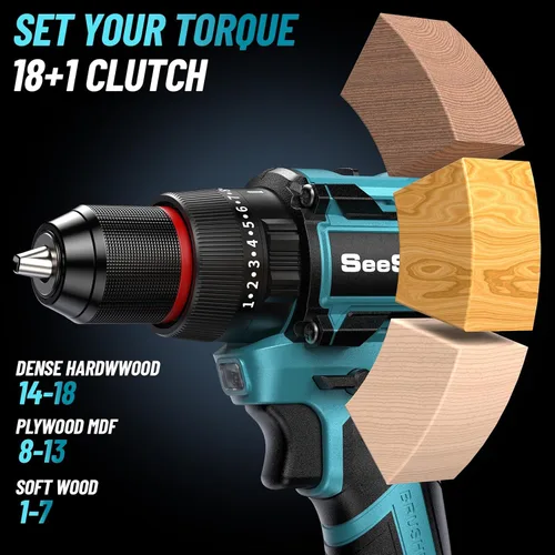 Vista 8 de SEESII Taladro inalámbrico de 21V máximo y atornillador de impacto, kit combinado de herramientas eléctricas incluido taladro de 3/8 pulgadas