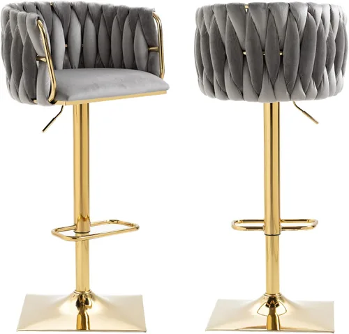 Vista 13 de Juego de 2 taburetes de bar giratorios de terciopelo, taburetes de bar ajustables y cómodos, silla de comedor moderna con respaldo tejido, taburetes