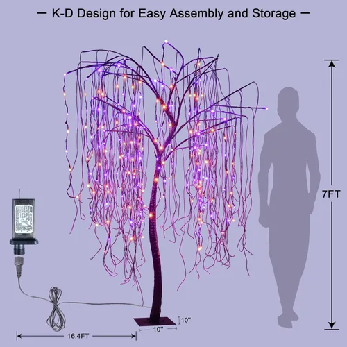 Vista 4 de Árbol de sauce iluminado de Halloween de 7 pies, 256 luces LED naranjas y moradas, sauce artificial llorón con 6 arañas, decoración