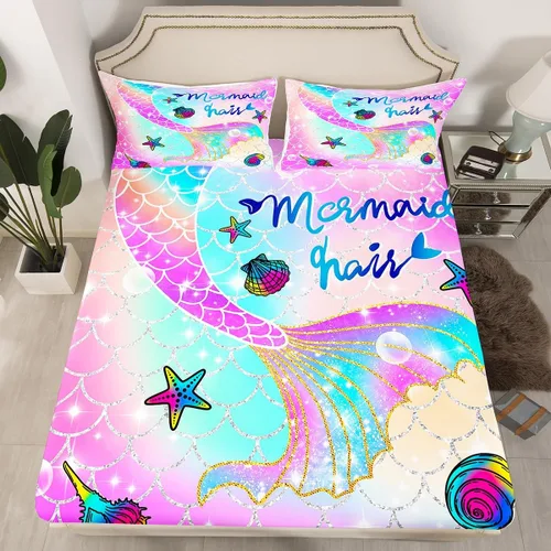 Vista 2 de Feelyou - Juego de sábanas de sirena, tamaño individual, arcoíris, cola de sirena impresa, juego de ropa de cama colorida, lindo juego de sábanas