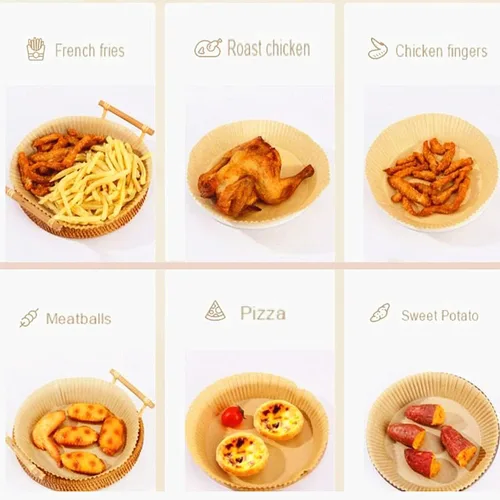 Vista 5 de Forro de papel pergamino para freidora de aire, forros desechables antiadherentes, para hornear a prueba de aceite, impermeable, pergamino de grado