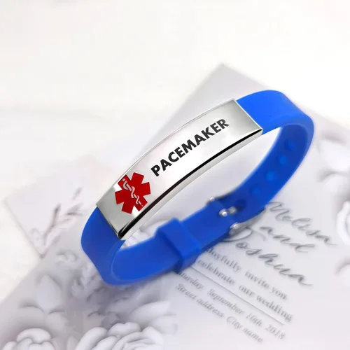 Vista 2 de Pulsera de identificación de alerta médica grabada con láser, pulsera ajustable negra ELIOUS para hombres y mujeres, primeros auxilios