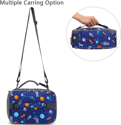 Vista 7 de Flowfly - Lonchera para niños, bolsa escolar aislada duradera con correa de hombro y soporte para botellas, minihielera térmica resistente al agua