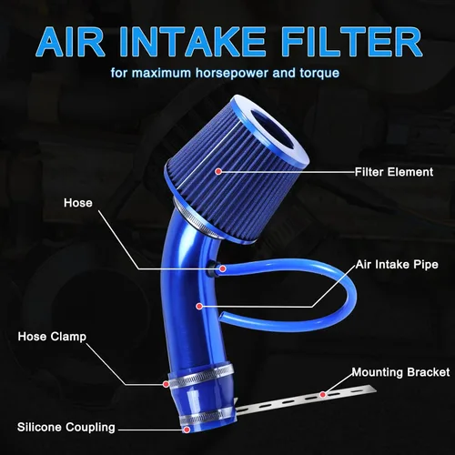 Vista 3 de Kit de tubo de entrada de aire frío universal de 3 pulgadas con inducción de alto flujo (Azul)
