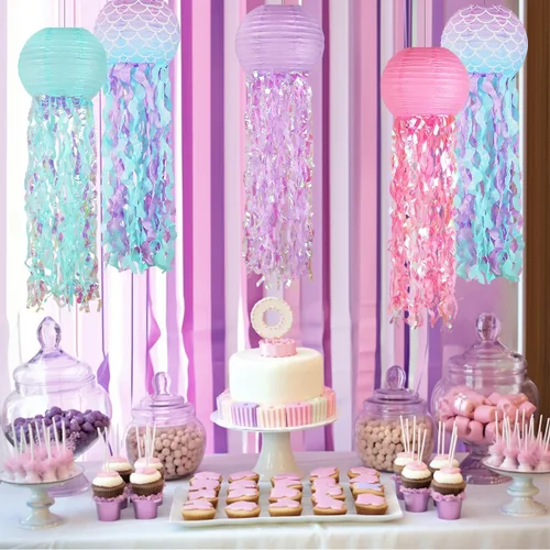Vista 5 de Decoraciones de cumpleaños de sirena, linternas de papel de medusas rosadas lavanda azul, escamas de sirena colgantes en forma de linterna