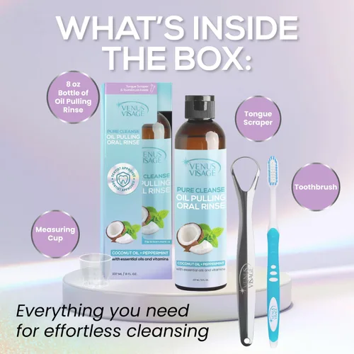 Vista 5 de Venus Visage Aceite de coco para tirar de dientes con raspador de lengua, 8 onzas líquidas, aceite de menta y coco para dientes y encías, enjuague