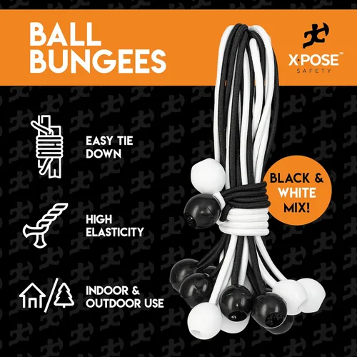 Vista 5 de Xpose Safety Cuerdas elásticas de bolas de 6 pulgadas, paquete de 10 cuerdas elásticas resistentes de colores surtidos en blanco y negro con lazos