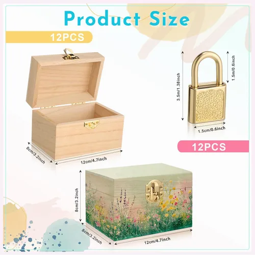 Vista 2 de CroBlissful Juego de 12 cajas de madera sin terminar de 24 piezas con mini candados, pequeño cofre del tesoro con tapa con bisagras de 4.7 x 3.2 x