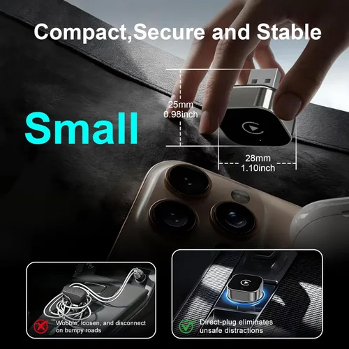 Vista 5 de Adaptador inalámbrico CarPlay y Android Auto con cable CarPlay a dispositivo inalámbrico, mini en forma de T 2 en 1 para auto USB Plug and Play Auto